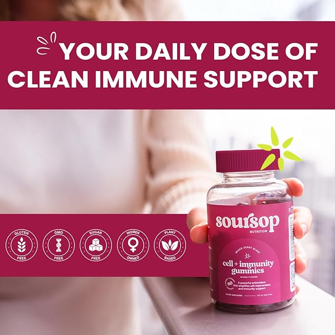 Soursop Gummies | Sugar Free | Cell + Immunity Gummie | with Powerful Antioxidants + Holistic Vitamins | Made from Soursop Leaves | Organic Fiber Gummie for Adults | Berry (2-Pack)