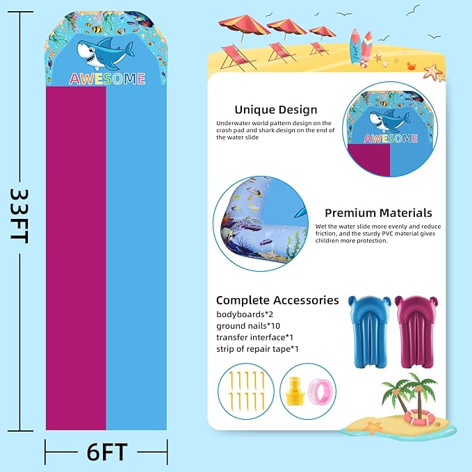 VEEST 33 FT Extra Long Water Slides for Kids Adults, Giant Double Lawn Water Slip Heavy Duty with 2 Bodyboards, Summer Water Slides with Crash Pad for Backyard Outdoor