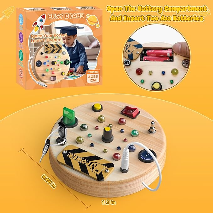 Busy Board, Montessori Toys for 1-3 Year Old - Wooden Sensory Toy with LED Light Switches, Travel Toddler Toys for 1+ Year Old Boys & Girls | Educational Gift for Kids