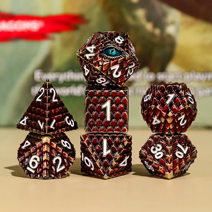 Metal Dice Set D&D,7 PCS Dragon Scale Metallic DND Dice Set,Dragon Eye Metal Dice with Grogeous Gift Case for Dungeons and Dragon Tabletop Game (Reddish Brown Dragon Scale & Cyan Eye)
