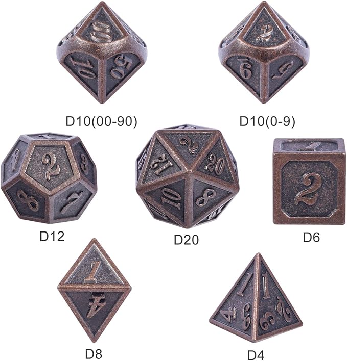 D&D Metal Dice Set, DNDND 7PCS Metallic Ancient Copper Dice with Metal Case for DND Dungeons and Dragons Table Games Roly Playing Rolling