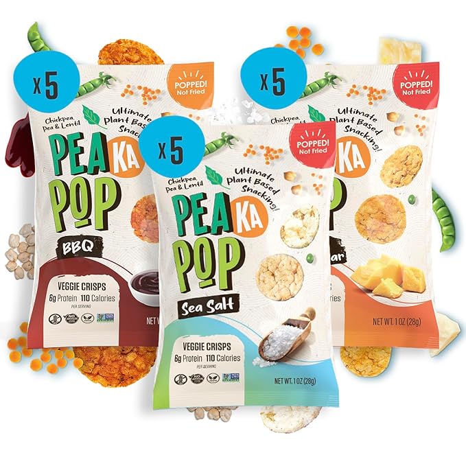 PeaKaPop Veggie Chips – Plant-Based, Healthy Veggie Crisps with Pea, Lentil & Chickpea Protein – Vegan, Gluten-Free, Popped Chips – Snack Size for Kids & Adults – 1 oz Bags (15-Pack) – Variety Pack