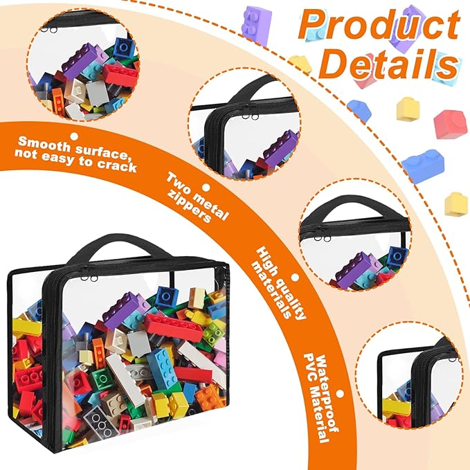 10 Pack Extra Large Clear PVC Organizing Bags with Zippered Closure, Portable Toy Storage Organizer, Waterproof for Board Games, Building Blocks, Clay