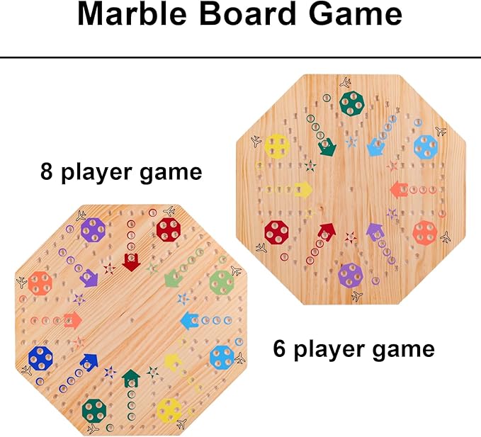 Original Marble Game Wahoo Board Game Double Sided Painted Wooden Fast Track Board Game for 8 Players 8 Colors 30 Marbles 8 Dice for Family Friends (8log)