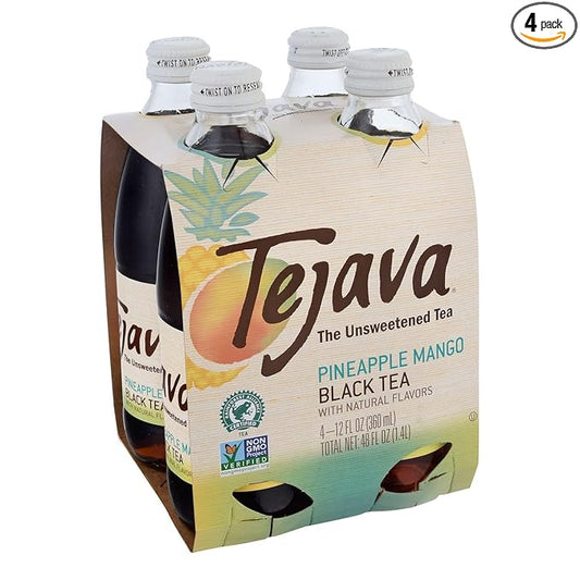 Tejava Pineapple Mango Black Iced Tea, 4 Pack, 12oz Glass Bottles, Unsweetened, Non-GMO, Kosher, No Sugar or Sweeteners, No calories, No Preservatives, Brewed in Small Batches