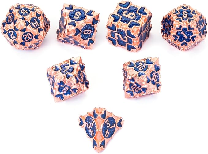 DND Metal Dice 7pcs D&D Dice Set Box Suitable for Dungeons and Dragons MTR PRG Tabletop Games (Champagne-Blue)