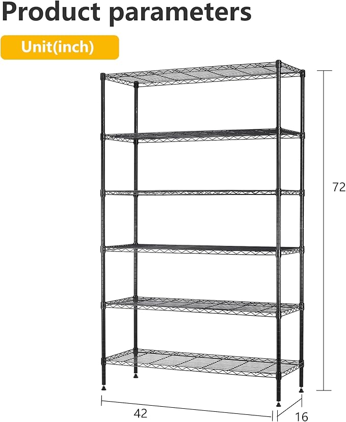 16''Lx42''Wx72''H 6 Shelf Wire Shelving Unit Heavy Duty Metal Storage Shelves NSF Wire Shelf Organizer Black Height Adjustable Utility Steel Commercial Grade Layer Shelf Rack 1500 LBS Capacity