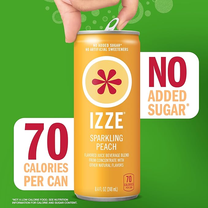 IZZE Sparkling Juice Beverage Blend, Peach, No Sugar Added, 8.4 FL OZ, 24 Cans