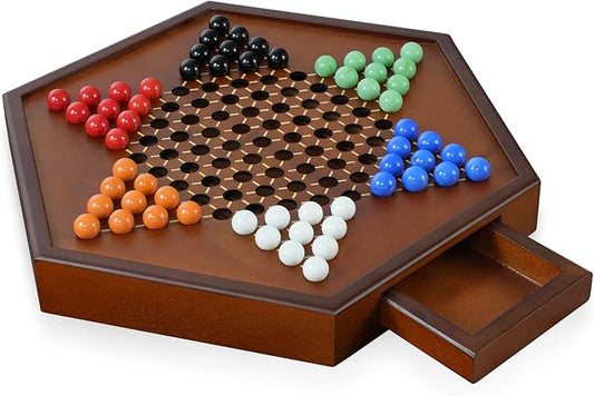 15" Large Upgraded Wooden Chinese Checkers Game Board – Premium 16mm Glass Marbles (60 + 12 Extras), Easy Grip, Storage Drawer, Ideal Multi-Player Puzzle Game for 2-6 Players