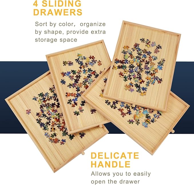 TEAKMAMA 1500 Piece Wooden Jigsaw Puzzle Board with 4 Drawers, Folding Puzzle Table with Protective Cover, Jigsaw Board with Legs, Multifunctional Game Table for Adults, 34W x 26.3D, Natural