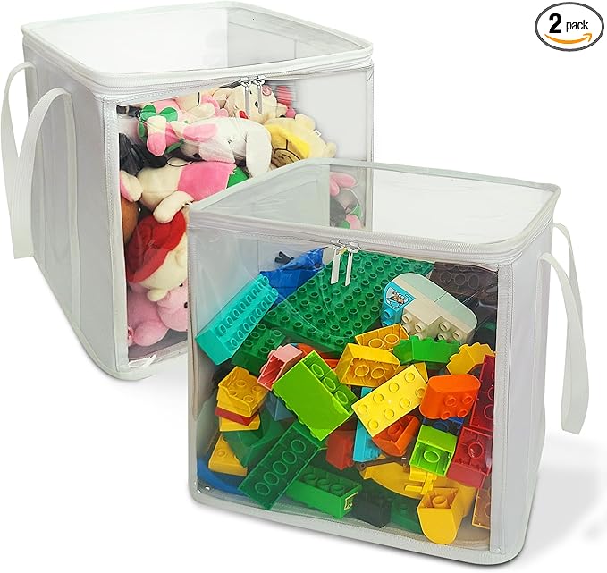 holay 2 Pack Storage Bins PVC Boxes with Transparent Lid & Handles - Durable & Foldable - Multi-Purpose Organizer for Clothes, Books, and More (White, Large)