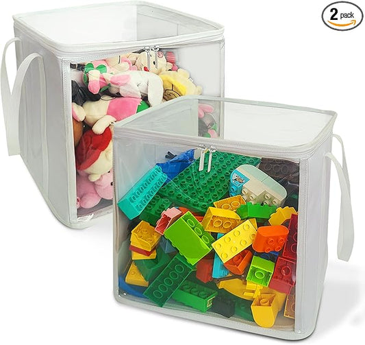 holay 2 Pack Storage Bins PVC Boxes with Transparent Lid & Handles - Durable & Foldable - Multi-Purpose Organizer for Clothes, Books, and More (White, Large)