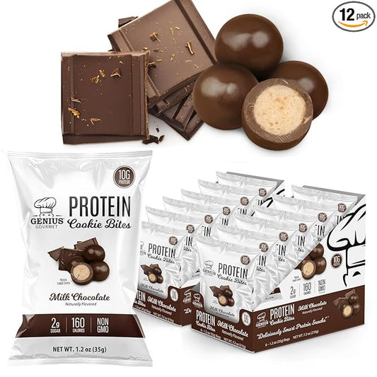 Genius Gourmet Protein Cookie Bites Milk Chocolate - 10g Protein, No Added Sugar, Low Carb, Non-GMO - Sweet Protein Desserts & Protein Snacks for Adults and Kids - 12 Bags