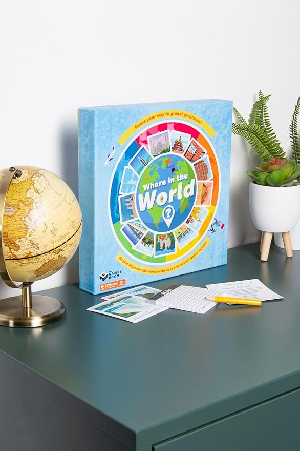 Fizz Creations Where in The World? Game. Put Your Geographical Knowledge to The Test. Use Your Skills to Match Flags, Locate Landmarks and Countries on The Map. Trivia Fun Board Games.