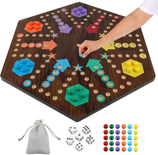 Extra Large 23.6 Inches Wahoo Marble Board Game 4 and 6 Players 2 Sided Painted Thicken Wood Board Perfect Game for Family Friends Party (Brush Paint Burn)