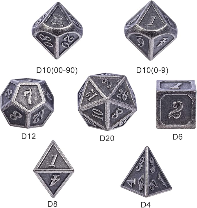 DnDnD Acient Silver Metal DND Dice Set, 7PCS D&D Metal Dice with Metal Case for Dungeons and Dragons, Shadowrun, Pathfinder, Savage World and Table Games