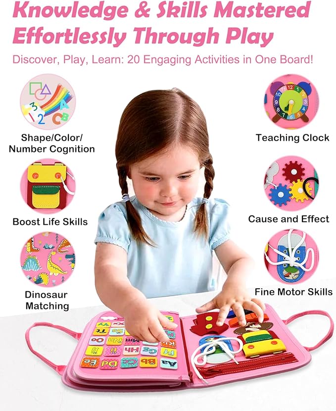 VARANO Montessori Busy Board Book Toy for 1 2 3 4 Year Old, Educational Sensory Toys for Toddlers 1-3, Car & Airplane Activities for Travel and Learning – Gifts for Boys and Girls (Pink Dino)