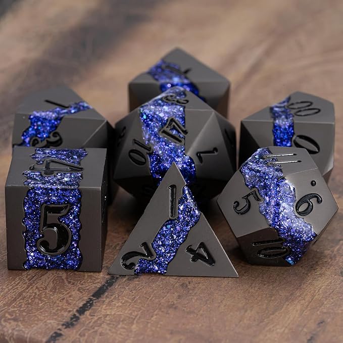 Metal DND Polyhedral Dice,Large Stripe Glitter Metallic Dice Set,Antique Silver Dice 7pcs Set for Role Playing Games(Pearl Gun Purple)