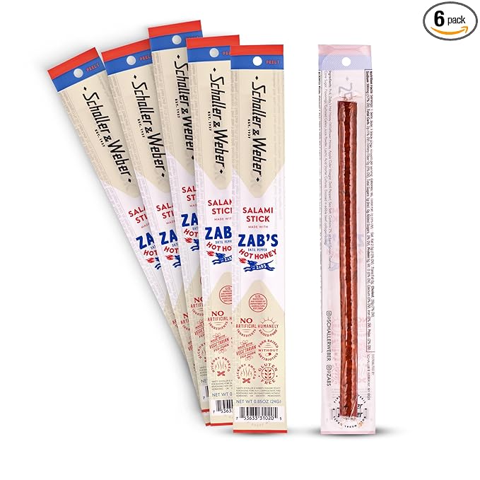 Schaller & Weber Salami Sticks with Zab’s Hot Honey, 0.85 Oz (Pack of 6) | Zab’s Hot Honey Smoked Salami | German Style Smoked Sausage Sticks with Spicy Honey | Gluten Free Protein Snack