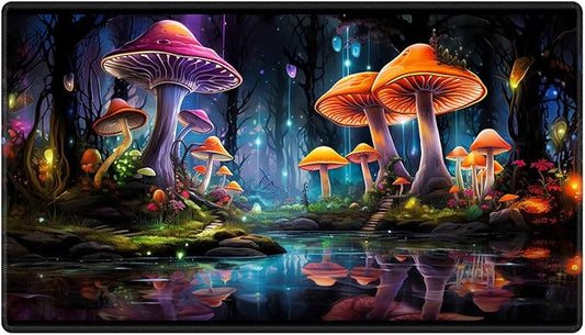 Playmat 24" x 14" Game Mats Tabletop Magic for MTG/TCG Cards, Trading Card Game Playing Stitched Play Mats Commander Deck Gaming Desk Mat Card Gameplay Mats, Magic Mushroom Enchanted Forest