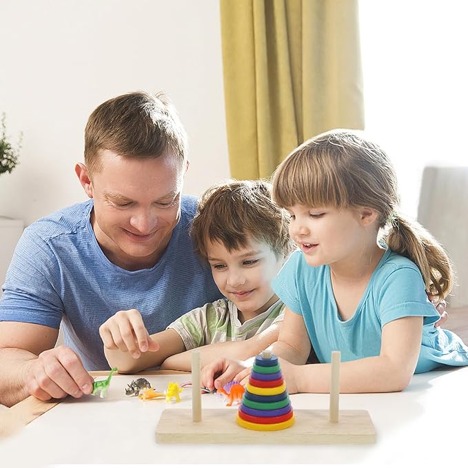 Colorful Wooden Tower of Hanoi Puzzle Game for Adults - Intellectual Brain Teaser, Home Decor, DIY Party Playing, 7.48 X 2.36 X 2.87 Inches