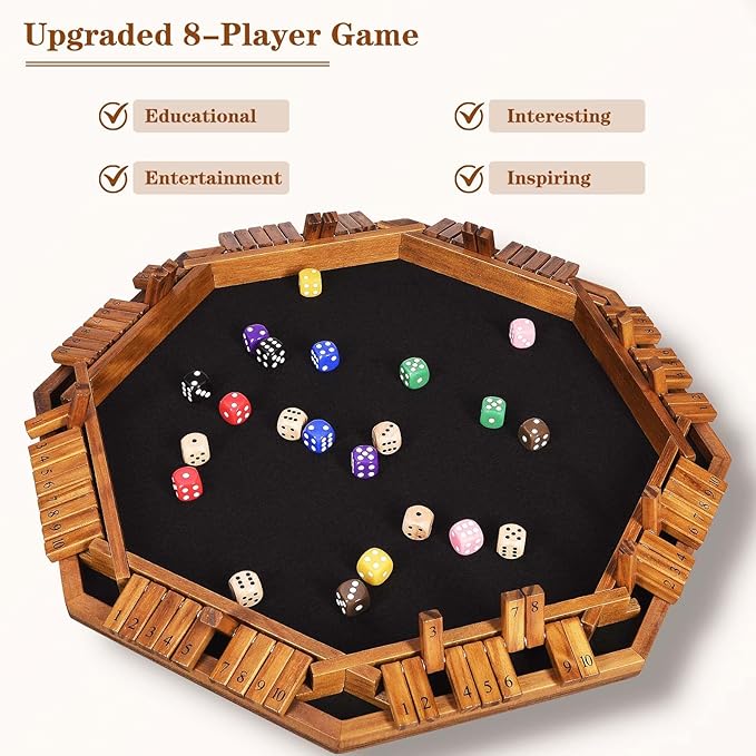 VAMSLOVE Upgraded 2-8 Players Shut The Box Dice Game-8-Way Wooden Board Table Math Game with 16+6 Dices - Close The Box Game for Kids, Adults Families Party Club (Instruction Included)