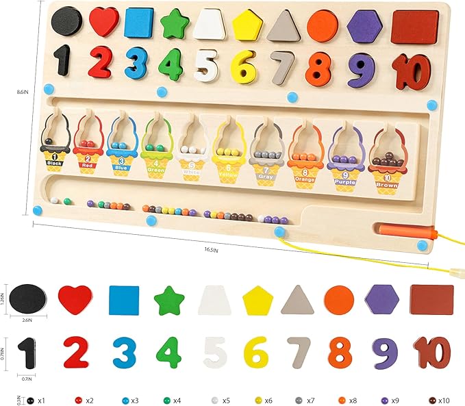 3-in-1 Magnetic Color and Number Maze, Montessori Toy for Kids 3+ Year Old, Shape & Number Wooden Puzzle Board, Toddler Fine Motor Skills Preschool Educational Toys, Gifts for Boys Girls