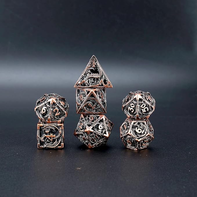 Hollow Metal DND Dice 7Pcs Set for Dungeons and Dragons RPG MTG Table Games D&D Pathfinder Shadowrun and Math Teaching,Large D4,D6,D8,D10,D12,D20 freaky multi sided Dice Set D and D Dice with Gift Box