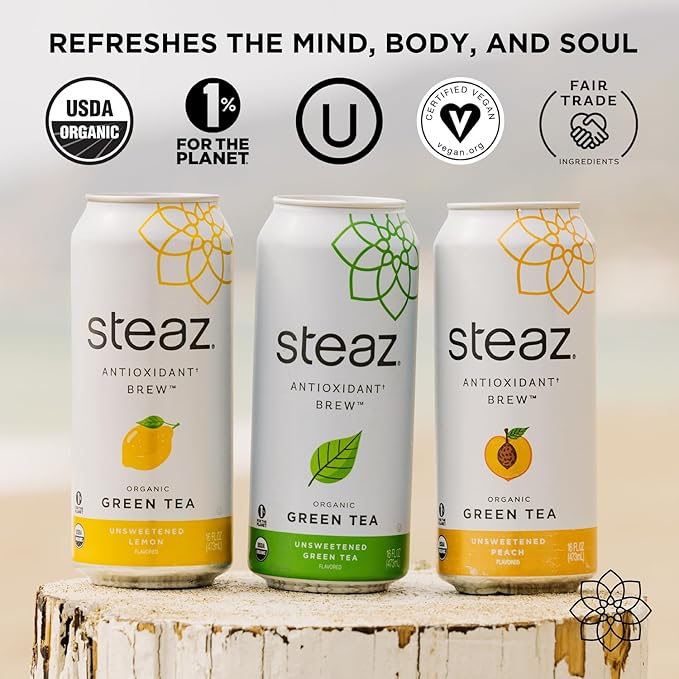 Steaz - Organic Green Tea - Unsweetened Passionfruit (12 Pack) - Antioxidant Brew - 65mg Natural Caffeine, Zero Sugar, 0 Calories, Vitamin C - Unsweetened Iced Tea - Vegan - 12 Cans, 16 fl oz (473mL)