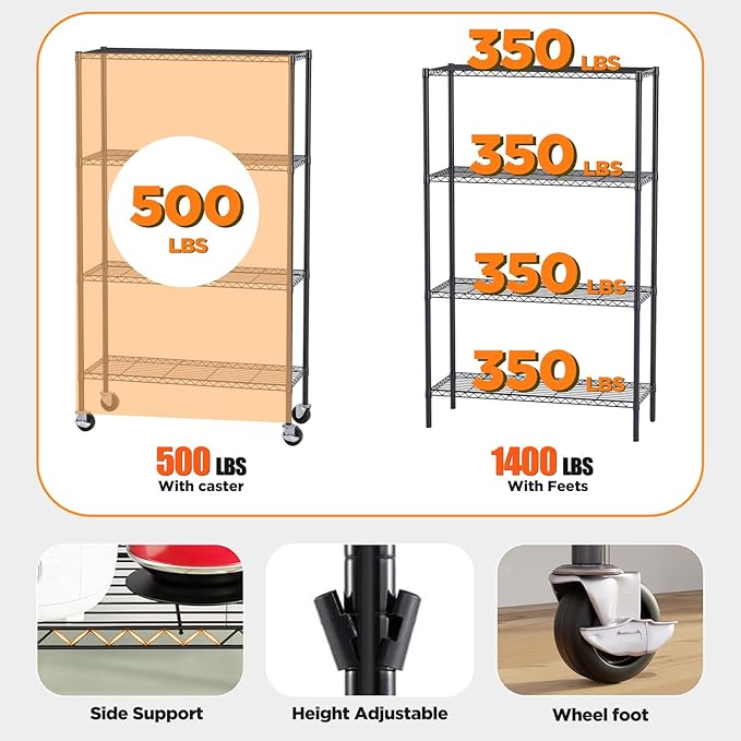 FDW 4-Tier Wire Shelving Unit Adjustable Garage Shelving 1400 lbs Weight Capacity Storage Shelves with Wheels for Home Kitchen Garage Commercial, 14" Dx36 Wx62 H, Black