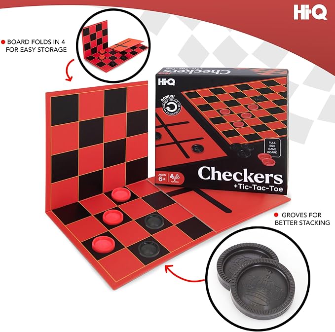 HI-Q Checkers & Tic-Tac-Toe Board Game for Kids: Unleash The Fun with Interlocking Pieces & Foldable Design