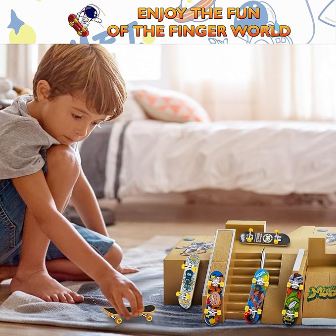 Fingerboard Skate Park Kit - Finger Skateboard Ramp Set with 8 Skatepark Deck Ramp and 4 Finger Skateboards, Astronaut Customization Fingerboard Skatepark for Boys Girls Gift