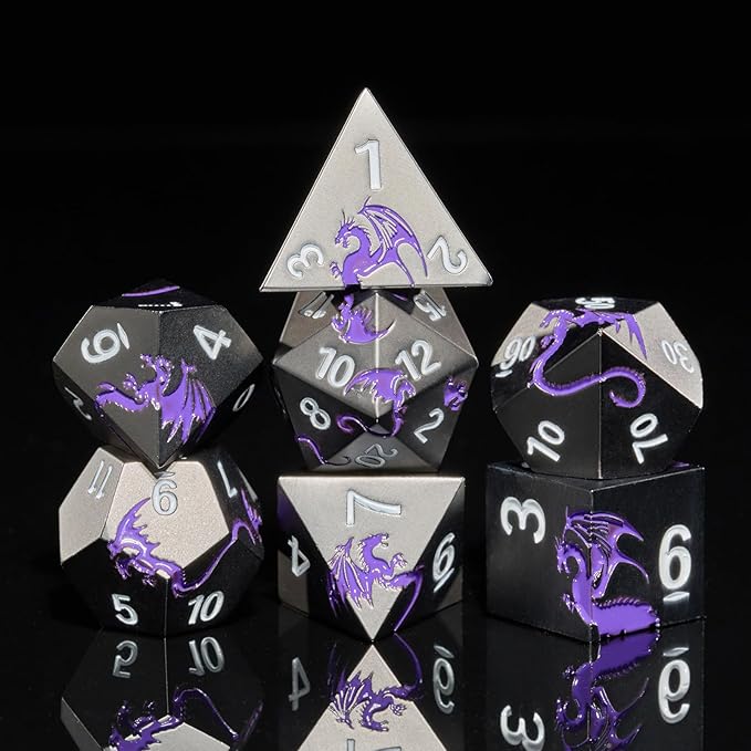 Metal Dice Set D&D, HNCCESG Polyhedral Dice 7 Piece Dice Dragon Metallic DND Dice Set for Dungeons and Dragon RPG Tabletop Game(Black Purple Dragon)