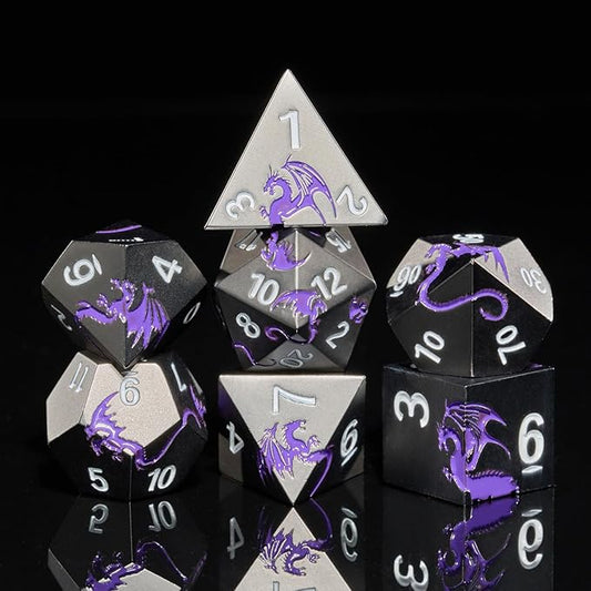 Metal Dice Set D&D, HNCCESG Polyhedral Dice 7 Piece Dice Dragon Metallic DND Dice Set for Dungeons and Dragon RPG Tabletop Game(Black Purple Dragon)