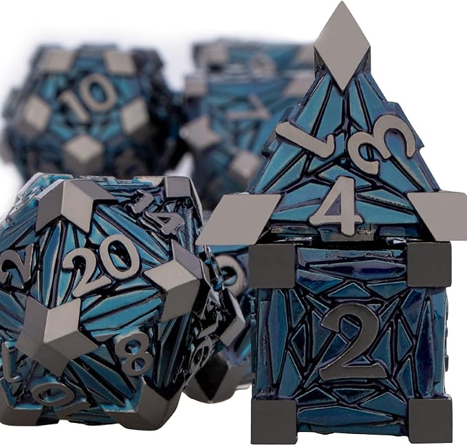 7PCS Metal DND Dice Set with Box, Debris RPG Black Blue D and D Dice for use with D&D Tabletop Games Role Playing Game Polyhedral Dice Set D20 D12 D10 D8 D6 D4