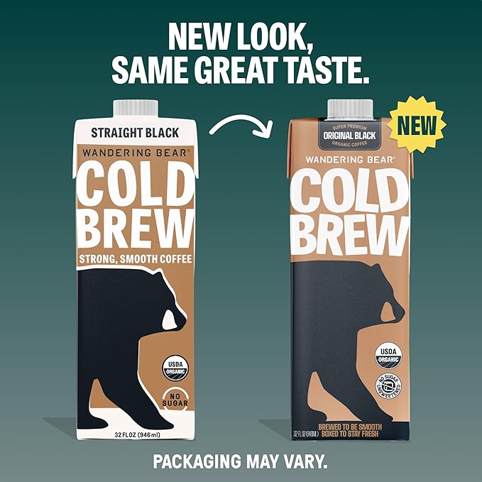 Wandering Bear Straight Black Organic Cold Brew Coffee, 32 fl oz, 3 pack - Extra Strong, Smooth, Organic, Unsweetened, Shelf-Stable, Ready to Drink Iced Coffee