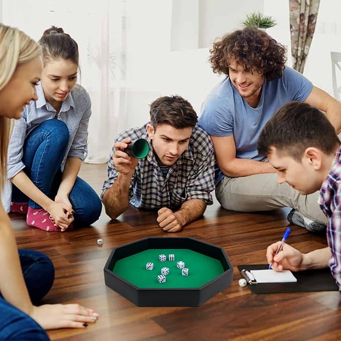 Dice Rolling Tray, Green Felt Lined PU Leather Octagon Dice Tray for Dungeon Crawler Games