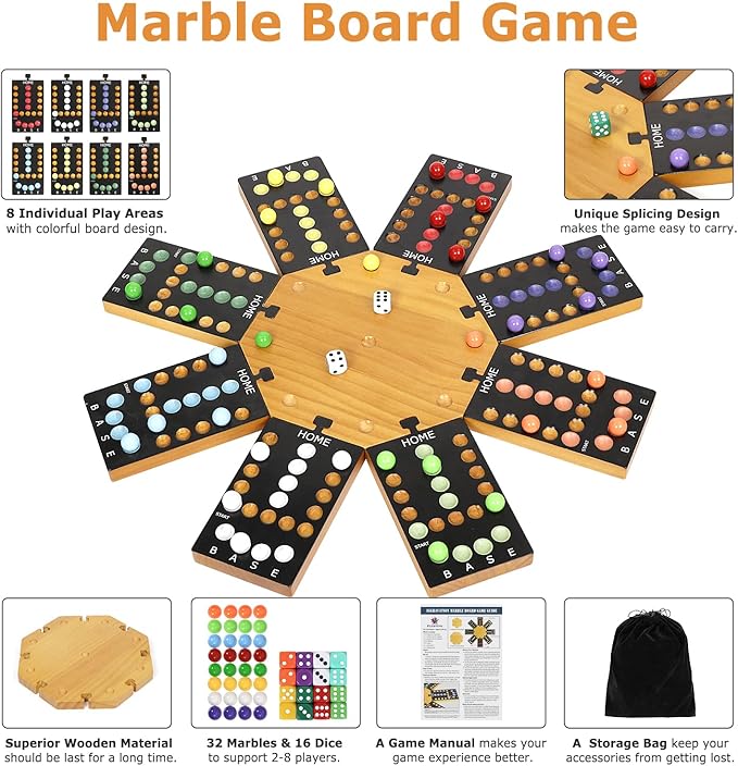 Marble Board Game,Wooden Board Game for 6-8 Players,Portable Design Marble Game with 32 Marbles 16 Dice, Family Game Night Gift for Kids & Adults