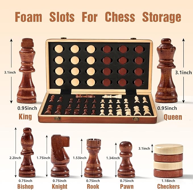 MerryPony Wooden Chess Set for Adults & Kids, 15" Foldable Wooden Chess Board with 2 Extra Queens, 2 in 1 Chess and Checkers Set, Travel Magnetic Chess Game Set, Beginner Chess Set for Kids