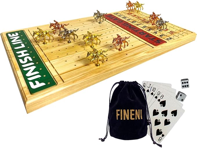 Horse Racing Game for Adults With 11 Luxurious Metal Horses (Silver, Black, Rose Gold), 22" Pine Wood Race Game Board, Dice & Card Included (Log Color3)