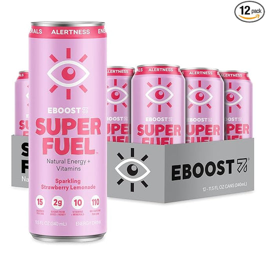 EBOOST Super Fuel Energy Drink - Strawberry Lemonade - 12 Pack x 11.5 Fl Oz - Caffeine from Natural & Clean Ingredients - Essential Electrolytes, Nootropics, and Vitamins - Sports Preworkout Drink