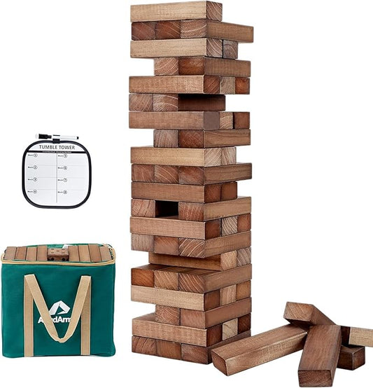 ApudArmis 60 PCS Giant Tumble Tower Stack to 5Ft, Pine Wooden Stacking Timber Game with 1 Dice Set - Classic Block Giant Outdoor Game for Teens Adults Family (Brown)