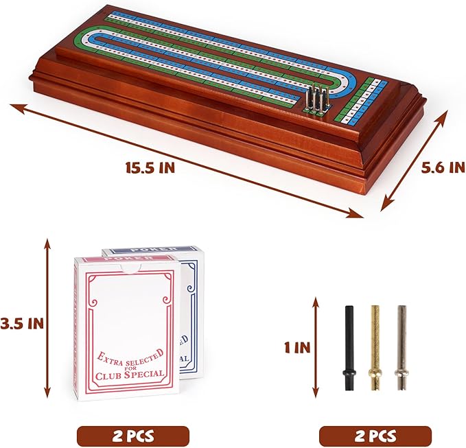 Wooden Cribbage Board Game Set with Large Storage Area, Solid Wood 3 Track Cribbage Board, 9 Metal Pegs, 2 Playing Cards and Instruction. Travel Family Game Night Travel Cribbage Sets for All Ages