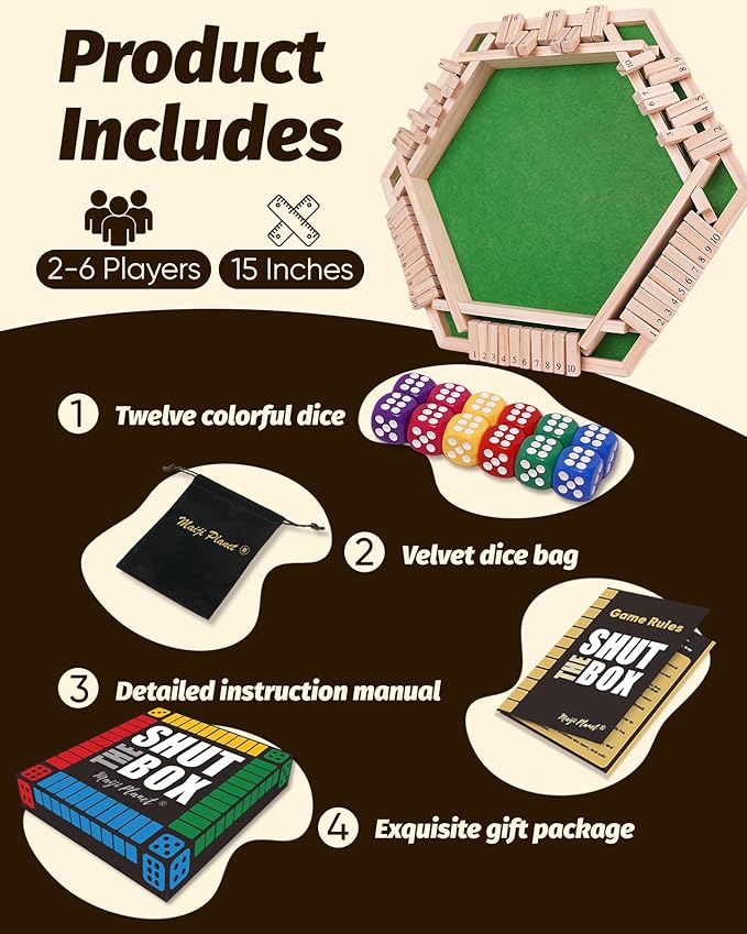 Large Shut The Box for 2 6 Player Math Family Game Night Quick Dice Game for Party Camp Bar Travel Class School Wooden Classic Table Top Board Game for Adult and Kid Group Elder 15"