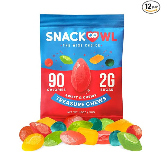 Snack Owl Vegan Sour Gummy Candy – Gluten Free, Low Calorie Candy - Guilt Free & Delicious Healthy Gummy Snacks - (Treasure Chews)
