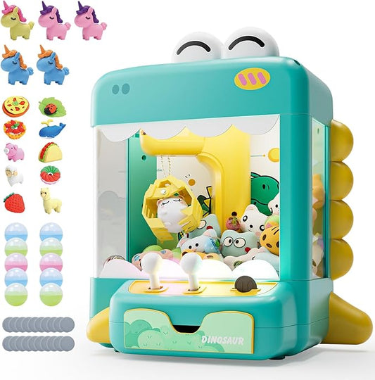 Skirfy Dinosuar Claw Machine, Mini Vending Machine with Lights & Music, Adjustable Sound, Candy and Electronic Prize Dispenser, Includes 45 Toys, Candy and Birthday Gift for Kids Boys