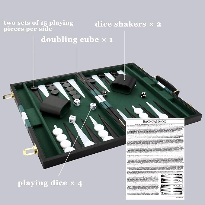 Backgammon Set - Classic Board Game with Premium Leather Case - Portable Travel Strategy Backgammon Game Set for Adults, Kids - Suitable as (15inch, Black)