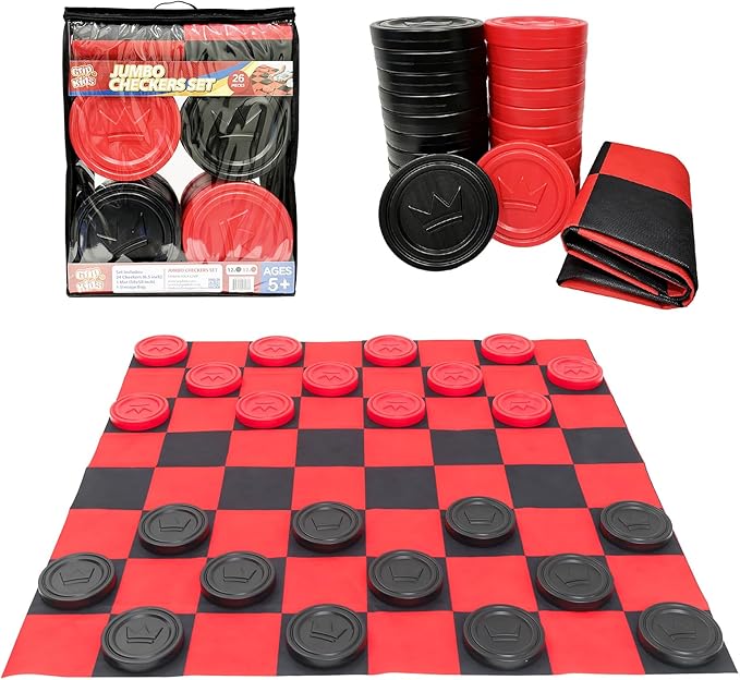 Jumbo Checkers Set with Storage Bag - 58 inch mat - Outdoor & Indoor Play Toys, Backyard Board Games, Family Party, Birthday for Toddlers Ages 5 6 7 8 Year Old - Amazon Exclusive