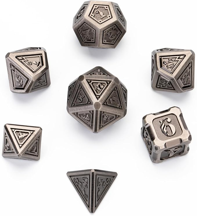 Metal dice 7 pcs DND Dice Set with Beautiful Gift Box for Dungeons and Dragons MTR PRG Tabletop Games (Silver-Grey)