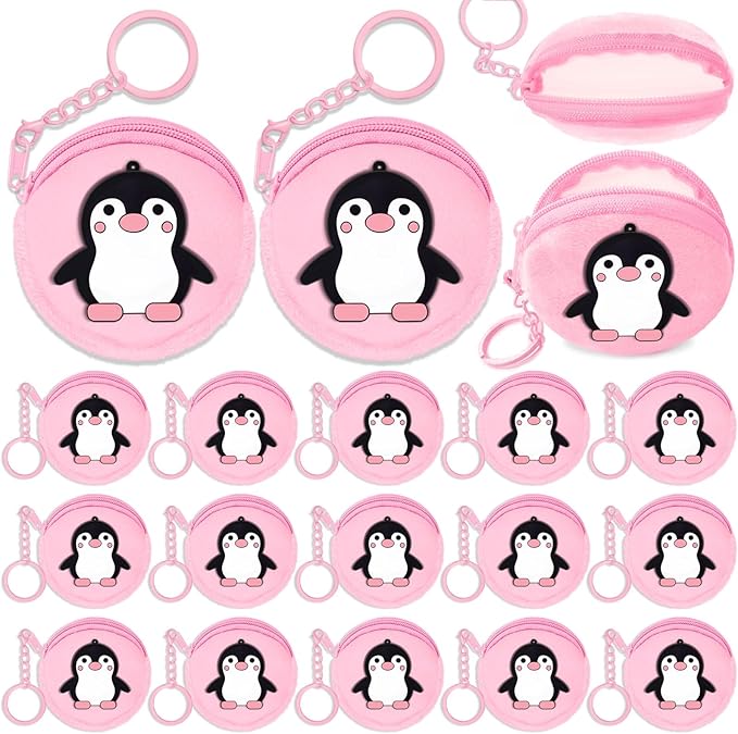 15 Pack Penguin Mini Coin Purses with Keyring for Penguin Winter Themed Party,Goodie Stuffer,Present for Friends,Guest Return Gift, Baby Shower,Birthday Party,Pink